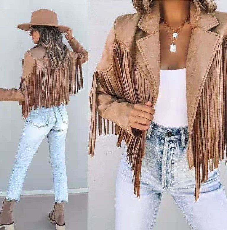 New women Motor Biker Cardigan OutwearsFaux Suede Tassel Jacket.