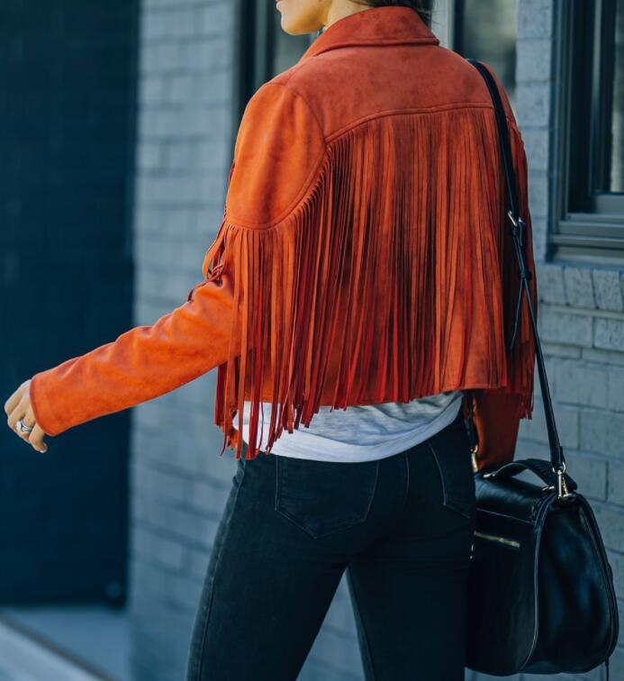 New women Motor Biker Cardigan OutwearsFaux Suede Tassel Jacket.