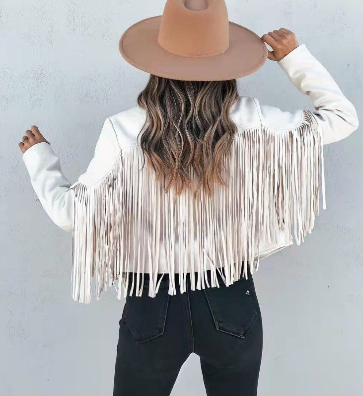 New women Motor Biker Cardigan OutwearsFaux Suede Tassel Jacket.
