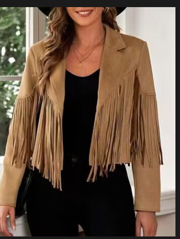 New women Motor Biker Cardigan OutwearsFaux Suede Tassel Jacket.