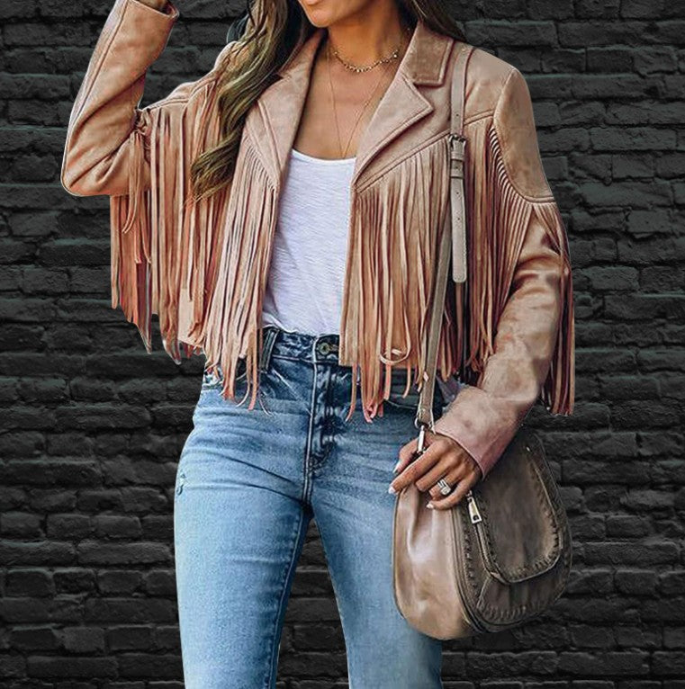 New women Motor Biker Cardigan OutwearsFaux Suede Tassel Jacket.