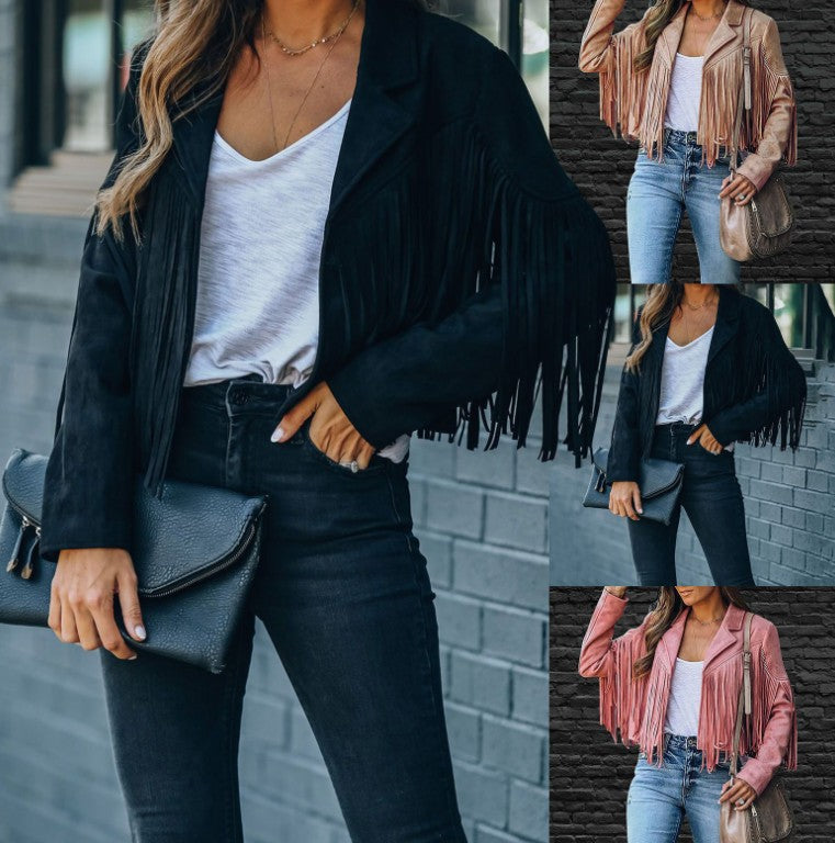 New women Motor Biker Cardigan OutwearsFaux Suede Tassel Jacket.