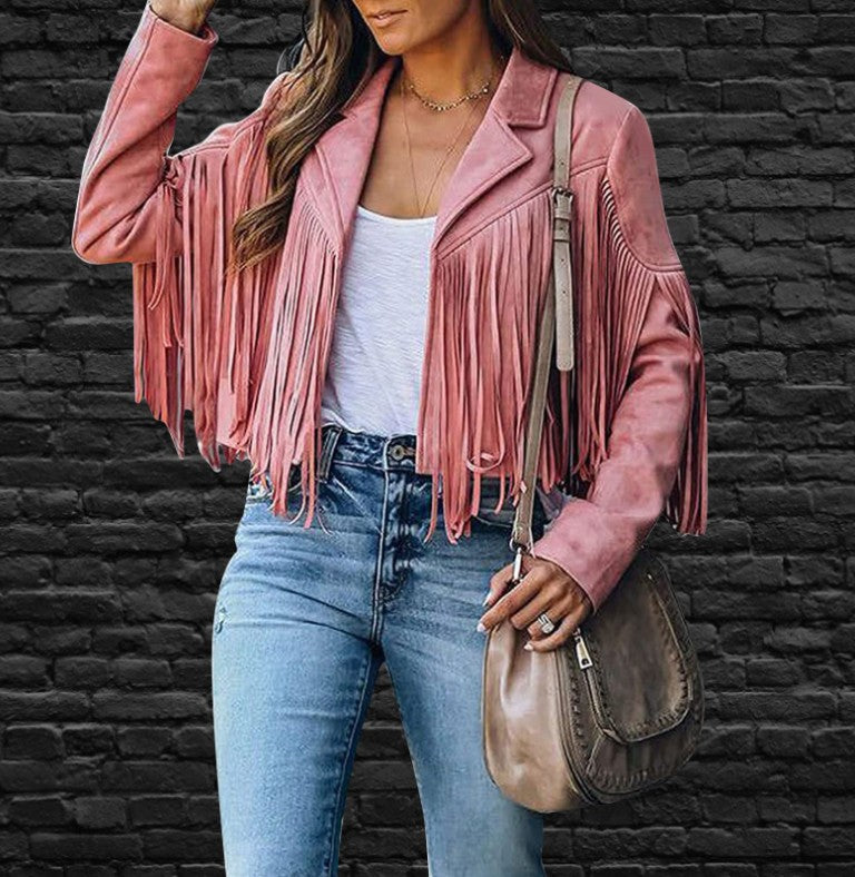New women Motor Biker Cardigan OutwearsFaux Suede Tassel Jacket.