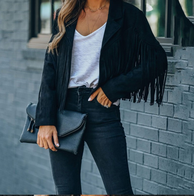 New women Motor Biker Cardigan OutwearsFaux Suede Tassel Jacket.
