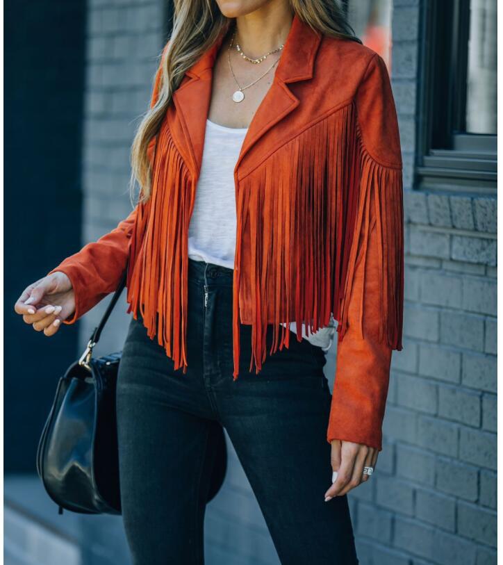 New women Motor Biker Cardigan OutwearsFaux Suede Tassel Jacket.