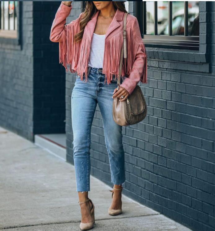 New women Motor Biker Cardigan OutwearsFaux Suede Tassel Jacket.