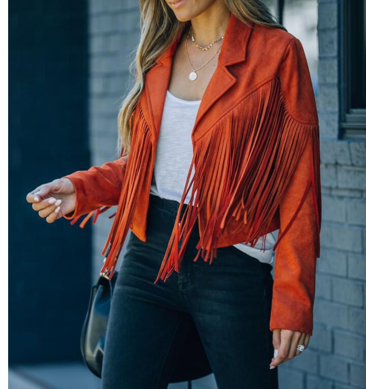 New women Motor Biker Cardigan OutwearsFaux Suede Tassel Jacket.
