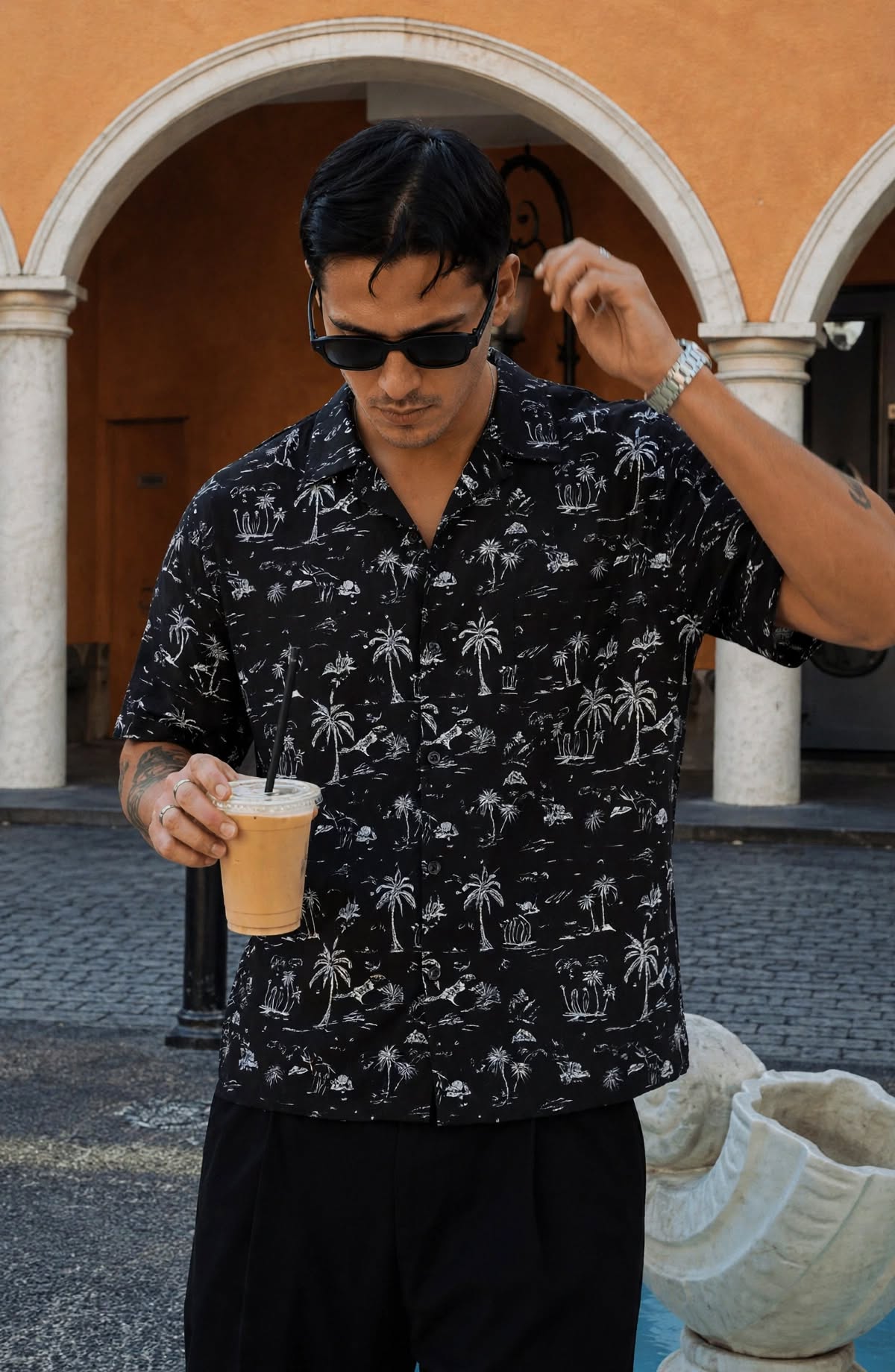 Men’s Black White Tropical Palm Tree Print Short Sleeve Shirt | Cuban Collar Summer Holiday | Sizes S–XXL | MH