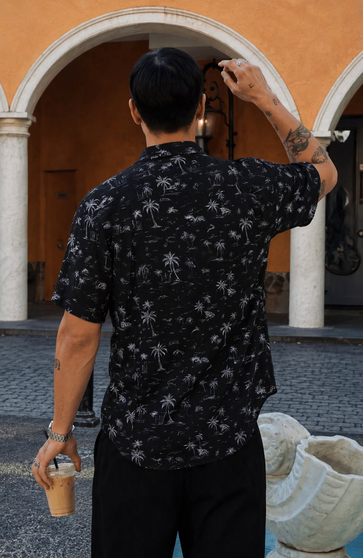 Men’s Black White Tropical Palm Tree Print Short Sleeve Shirt | Cuban Collar Summer Holiday | Sizes S–XXL | MH