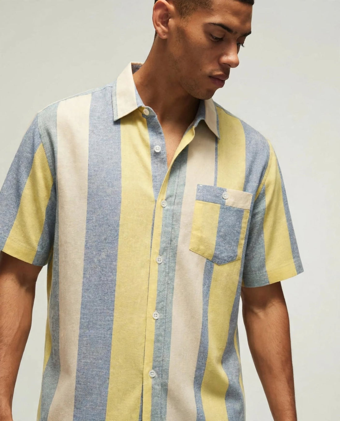 Men’s Yellow Blue & Cream Bold Stripe Short Sleeve Shirt | Contrast Chest Pocket Relaxed Fit | Casual Summer | Sizes S–XL | MH