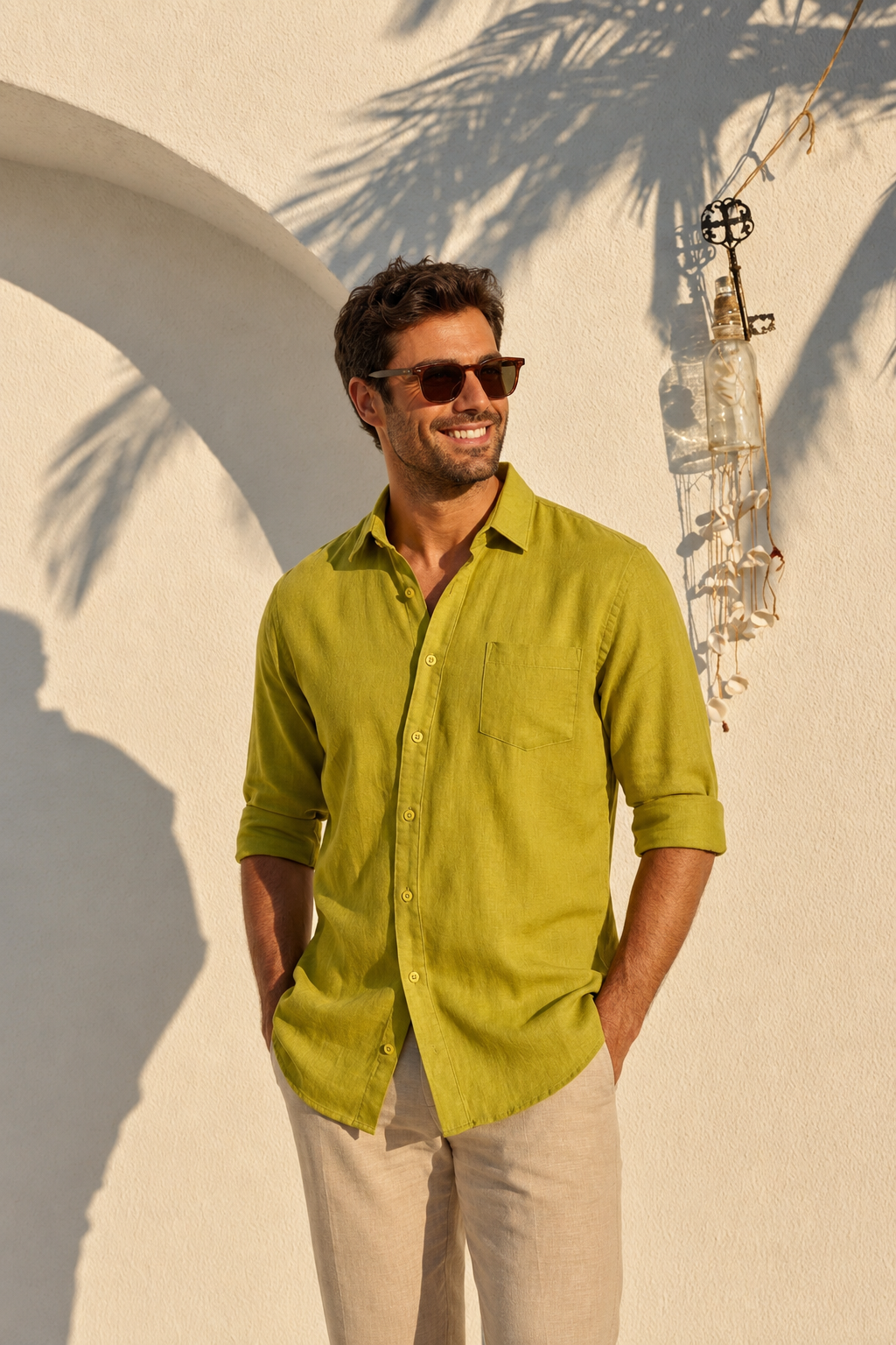 Premium Men’s 100% Linen Shirt – Chartreuse Lime Green
