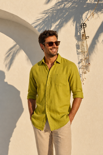 Premium Men’s 100% Linen Shirt – Chartreuse Lime Green