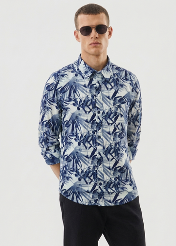 Premium Blue & White Tropical Print Men's Long Sleeve Shirt | MH