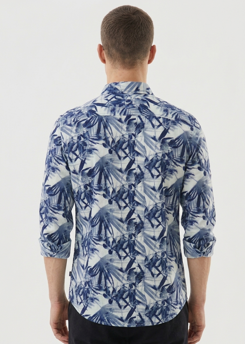 Premium Blue & White Tropical Print Men's Long Sleeve Shirt | MH