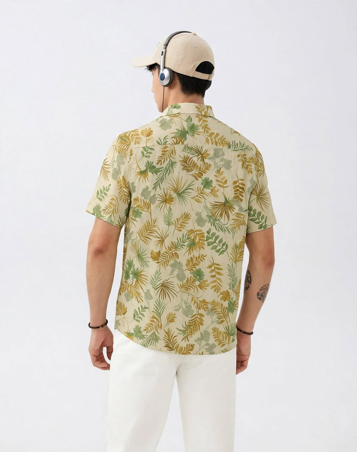 Men’s Cream Green & Gold Tropical Leaf Print Short Sleeve Shirt | Slim Fit Cotton | Casual Summer | Sizes S–XL | MH