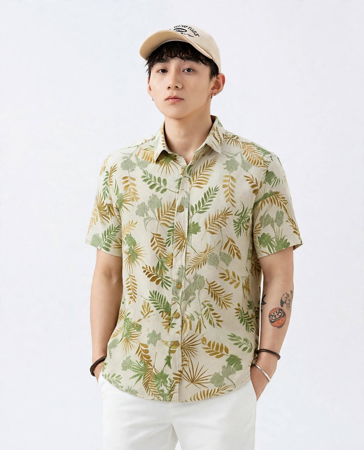 Men’s Cream Green & Gold Tropical Leaf Print Short Sleeve Shirt | Slim Fit Cotton | Casual Summer | Sizes S–XL | MH