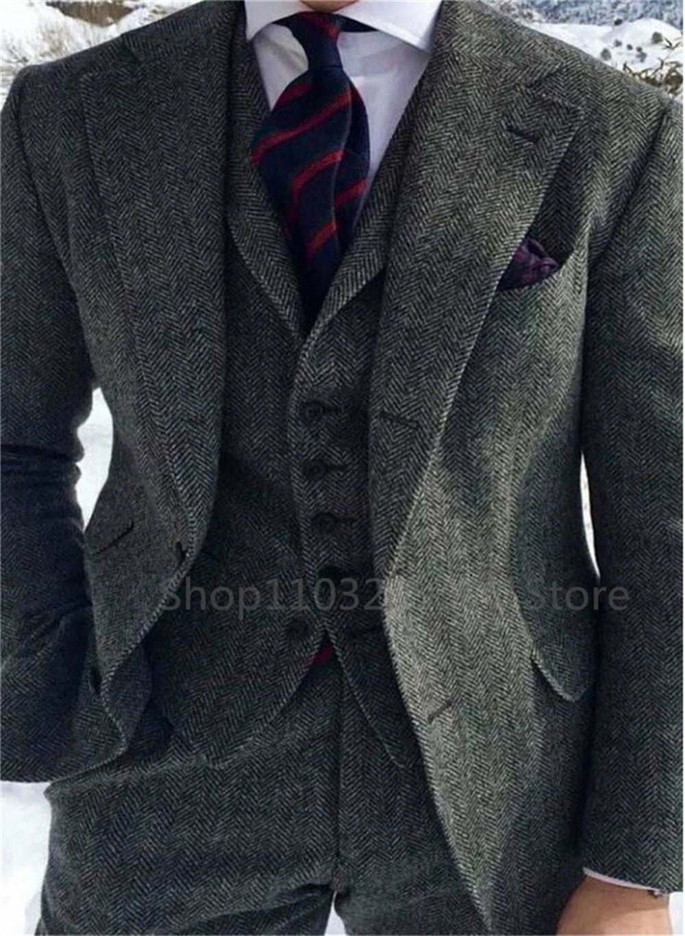 Gray Herringbone Winter Suit for Men Wool Tweed Slim Fit .