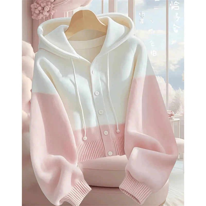 Women Spring Autumn Patchwork Knitted Cardigan Sweater 2025 New Korean Ladies Single Breasted Sweater Hooded Jacket Elegant Coat