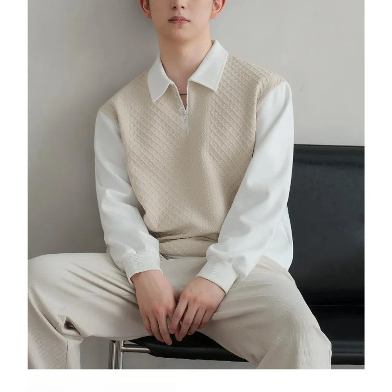 Trend Fashion Men Polo Shirts Spring Autumn New Lapel Half Zipper Fake Two Pieces Contrast Color Korean Casual Long Sleeve Tops