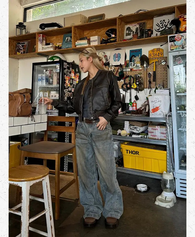 American Vintage Short Motorcycle Leather Jacket Women.
