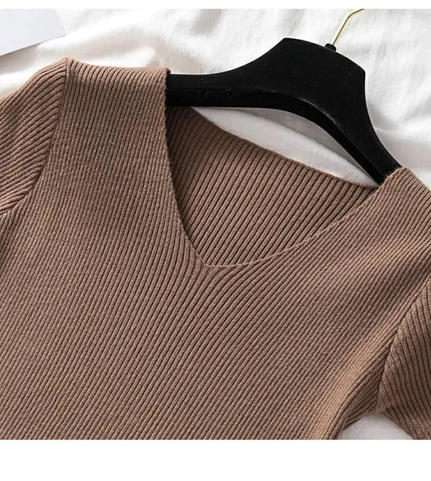 V-neck Solid Thin Summer Women Pullover Female Knitted Ribbed Sweater.