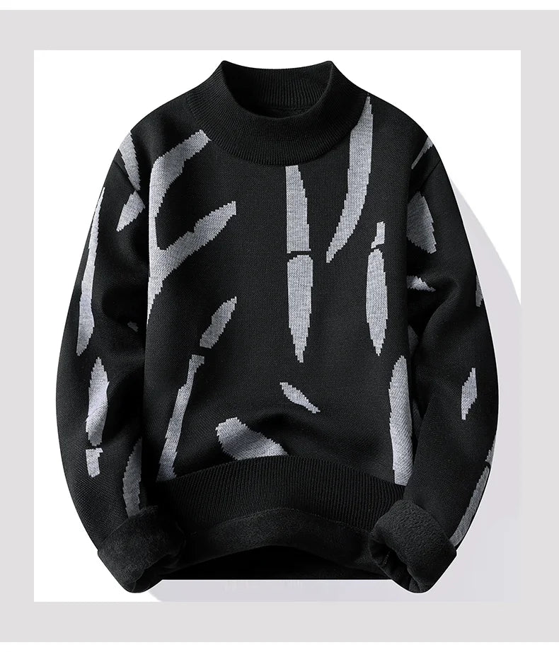 2024 M-4XL Autumn/Winter New Men's Sweater Half High Collar Zebra Pattern Color Blocked Velvet Knitted Sweater Warm Hoodie Top