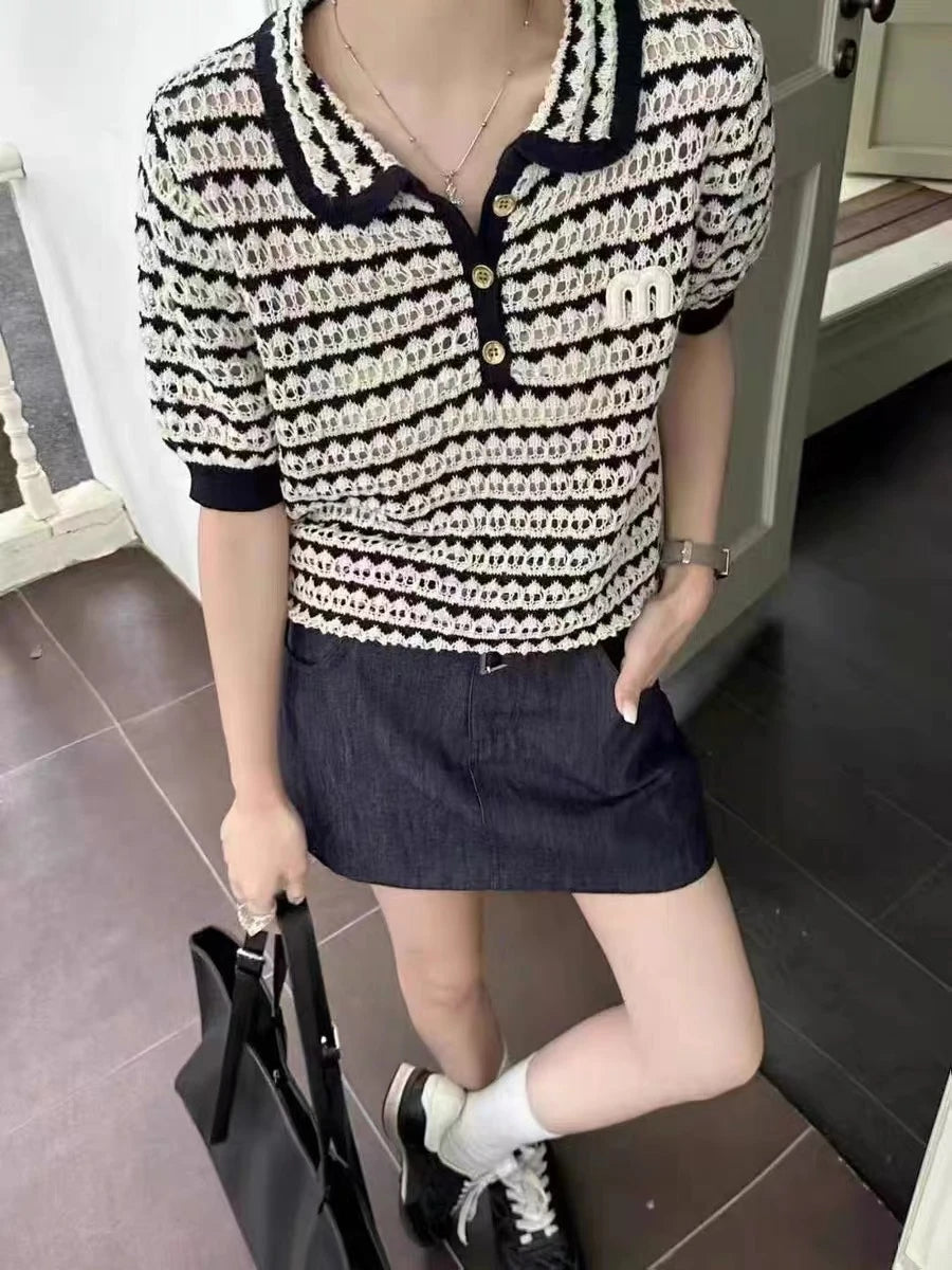 Knit Sweater T-shirts Women Embroidered Short Sleeve .