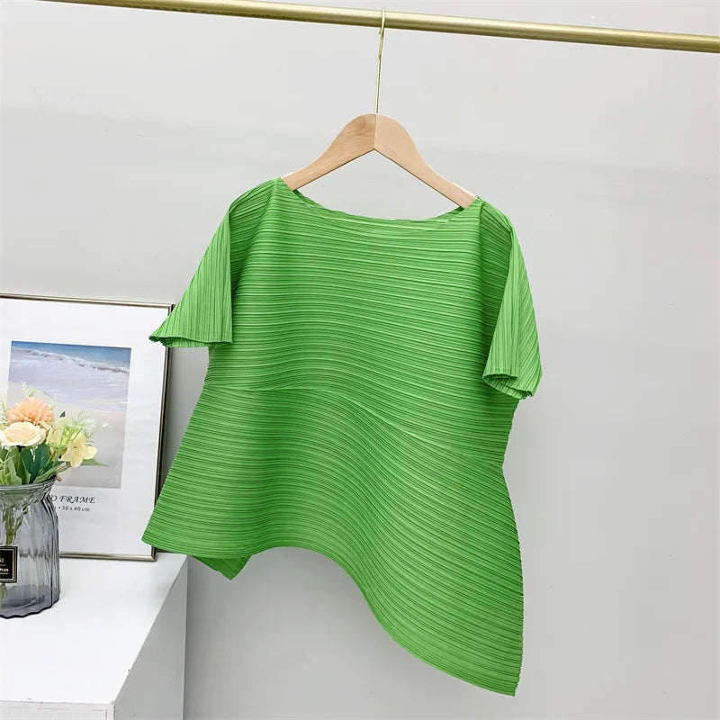Miyake style pleated tops for women 2024 summer new high-end loose large size stretch fabric clothes temperament T-shirt