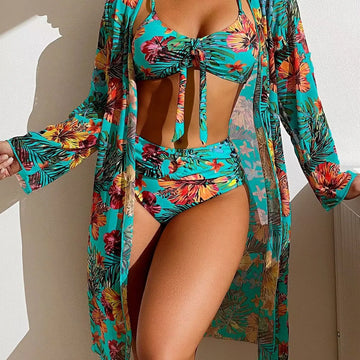 Bohemian Print Sexy Bikini 3 Pieces Floral Printed Swimsuit Women High Waisted Bikini Set With Mesh Long-Sleeved Blouse Swimsuit