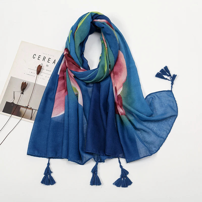 New Printed Soft Linen Cotton Scarf Shawls Women Muslim Hijabs Premium Foulard Femme Long Fresh Floral Tassel Scarves Echarpe