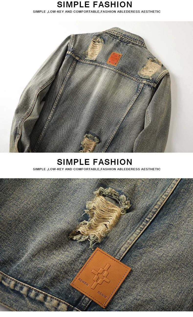 Men's Fashion Vintage Destroyed Jeans Jacket High Street.