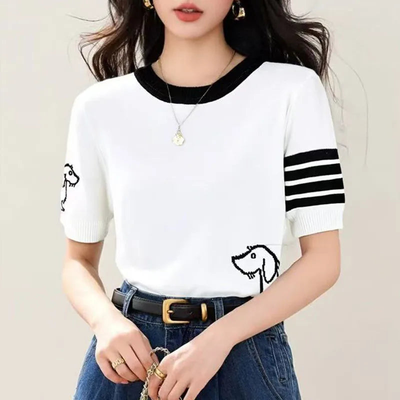 Summer wool women's round neck short sleeved pullover sweater soft  breathable high-quality sweater fashionable solid color top