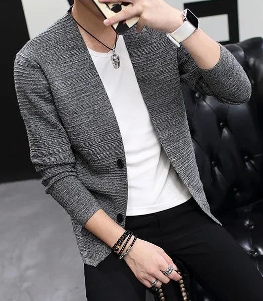 Knit Sweater Male Men's Clothing Cardigan Black Slim Fit Plain .