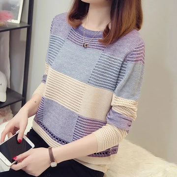 Sweater Women Purple Striped Stripes Pullover Thin Knitting .