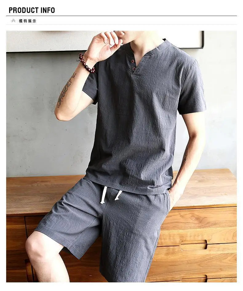 Two Piece Set Men Summer Vintage Simple Casual V Neck Short Sleeve Cotton Linen T Shirt Vacation Solid Loose Beach Shorts Ropa