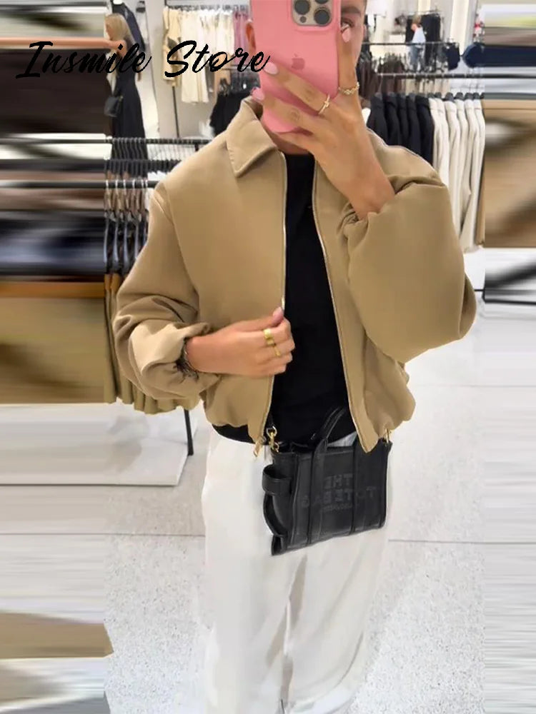 Casual Solid Zipper Lapel Short Jacket Women Long Sleeve .