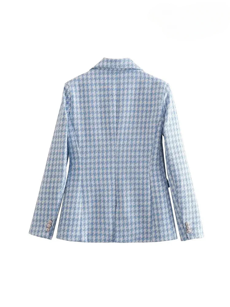Women Fashion Houndstooth Double Breasted Tweed Blazer Coat .