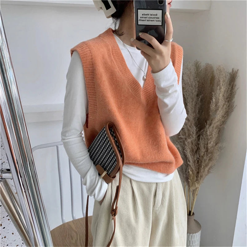 Sleeveless Knitted Sweater Vests Women Casual Solid Loose Outerwear .