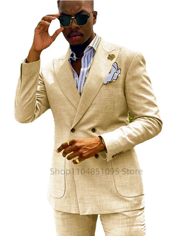 Casual Summer Linen Slim Fit Suits for Men Double .