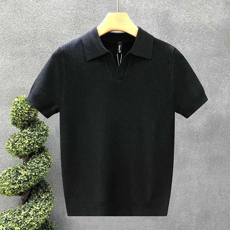 Men's Polo Shirt, Korean Style Slim Fit Collar Solid Color Casual Thin Sleeve Trendy Knit Top