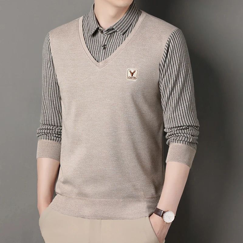 Men's Winter Sweater Fashion Polo Shirt Pullover Slim Fit Elegant Luxury Brand Knitwear Fake Two Pieces Knitted Sweaters