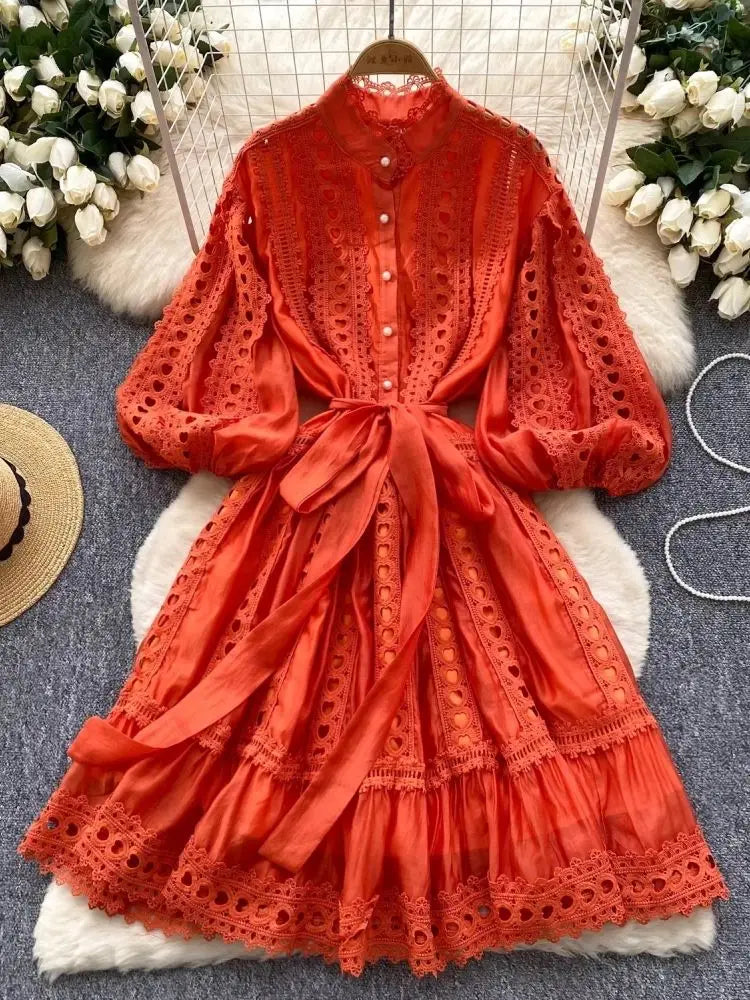 Spring Summer Embroidery Lace Stitching Hollow Out Midi Dress Women's Stand Collar Single Breasted Belt Loose Party Vestidos