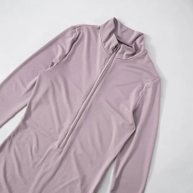 Shestyle Solid Women 2025 Fitness Bodycon Jumpsuit Zipper Fly Mock Neck Work Out Clothes Hipster Violet Sexy Stretchy Stylish