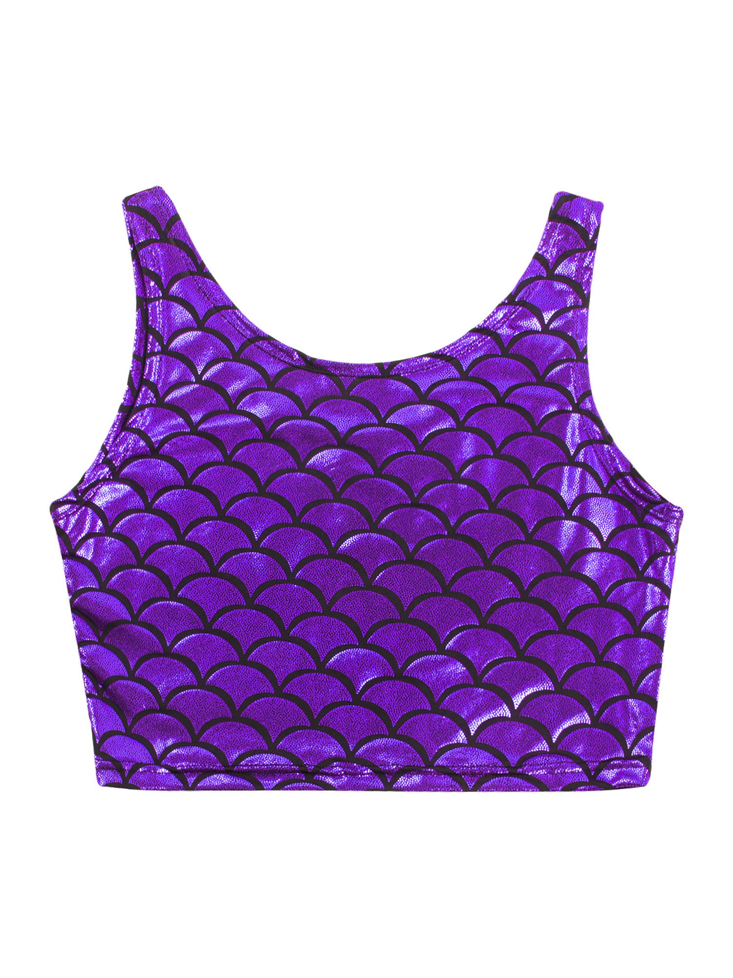 Women Shiny Metallic Crop Top Y2K Mermaid Fish Scale Print Cropped Tank Top Vest Festival Rave Pole Dance Costume Party Clubwear