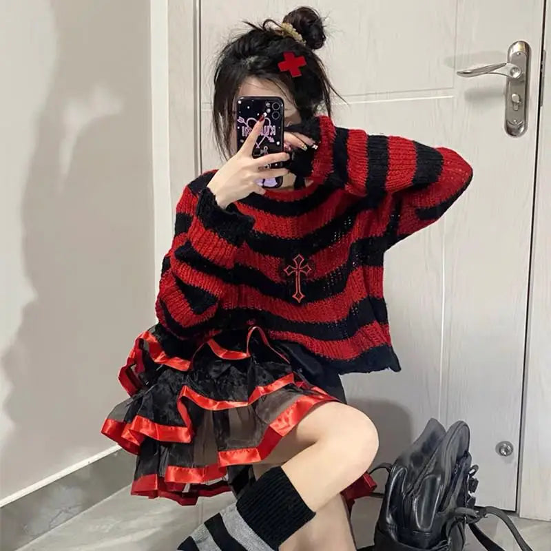 Karrram Pink Striped Gothic Sweaters Women Ripped Holes .