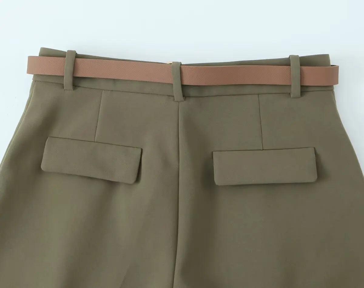 ZBZA Women's Belted Pleated Trousers High Waist Side Pockets .