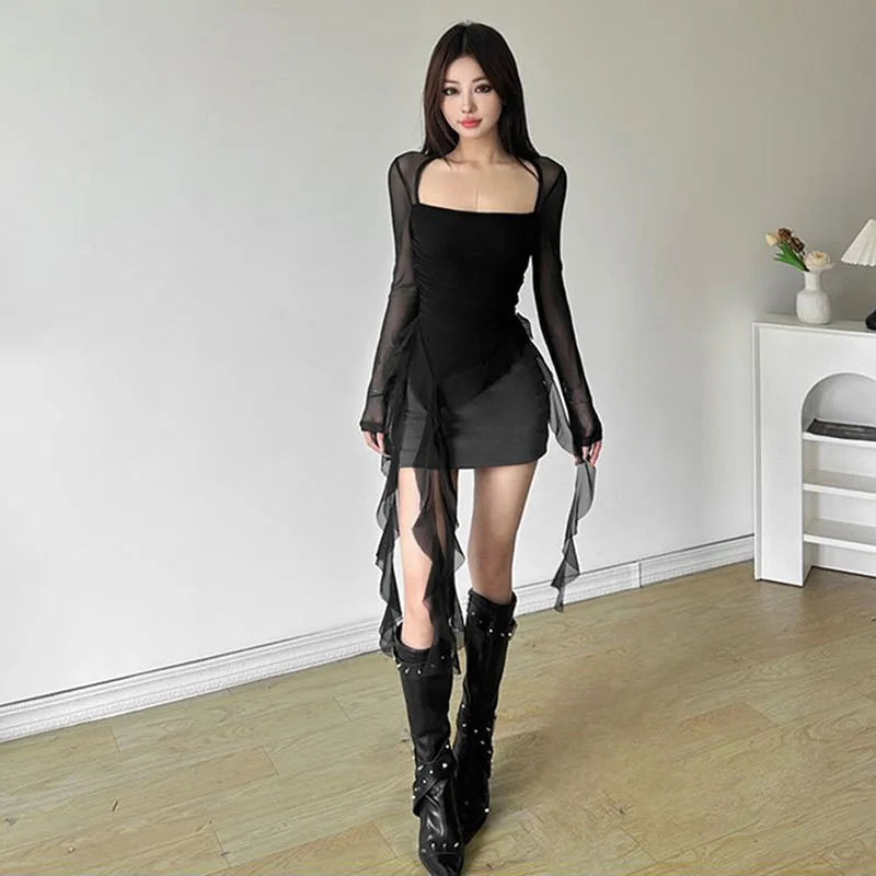 Ruffle Irregular Long Sleeve Women T Shirt Y2K Fashion Streetwear Patchwork Asymmetrical Top Korean Chic Sheer Mesh Ladies Tees