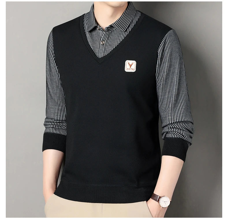 Men's Winter Sweater Fashion Polo Shirt Pullover Slim Fit Elegant Luxury Brand Knitwear Fake Two Pieces Knitted Sweaters
