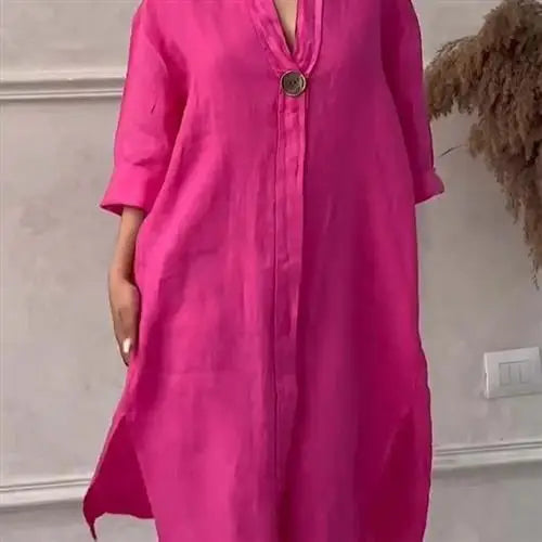 Women's Casual Button-Up Linen irt Long Ne round Color women fashion;/MH