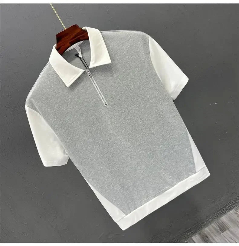 Fashionable Half-zipped Men's Polo Shirt Casual Color Block Short Sleeves Summer Trendy Lightweight Style Men's T-shirt